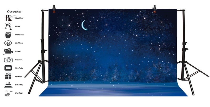 Yeele 5x3ft Winter Night Snowfall Snowflake Photography Backdrops Starry Sky Moon Blurry Fir Trees Pine Forest Background Merry Christmas Happy New Year Party Banner Decoration Studio Props - Image 2